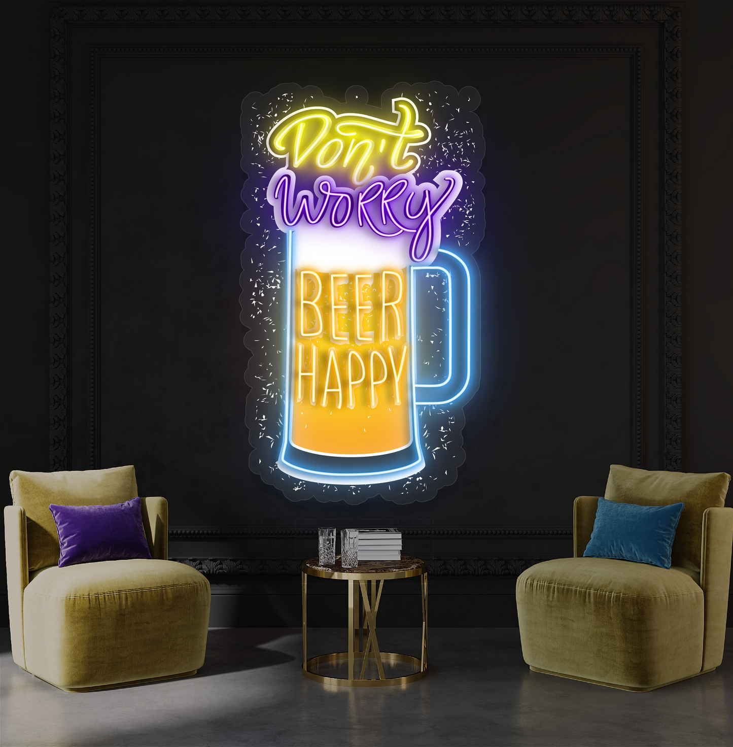 Panneau néon à LED avec illustration de bière « Don't Worry Happy »