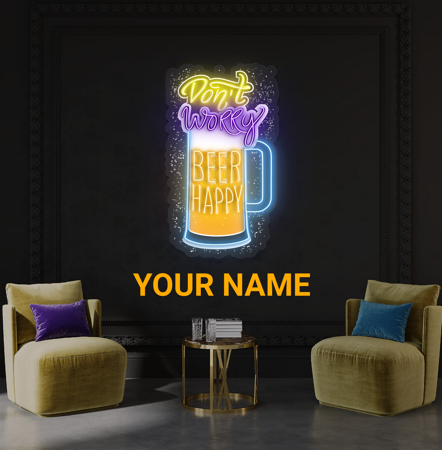 Panneau néon à LED avec illustration de bière « Don't Worry Happy »