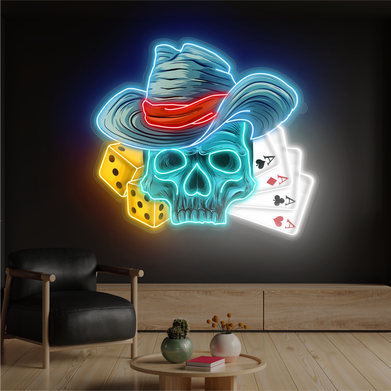 Panneau néon à LED avec illustration du crâne de la chance