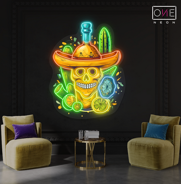 Panneau néon à LED avec tête de mort mexicaine et tequila