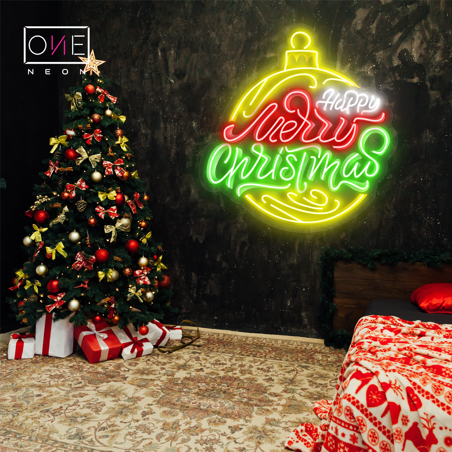 Enseigne au néon à LED avec illustration de boule de Noël
