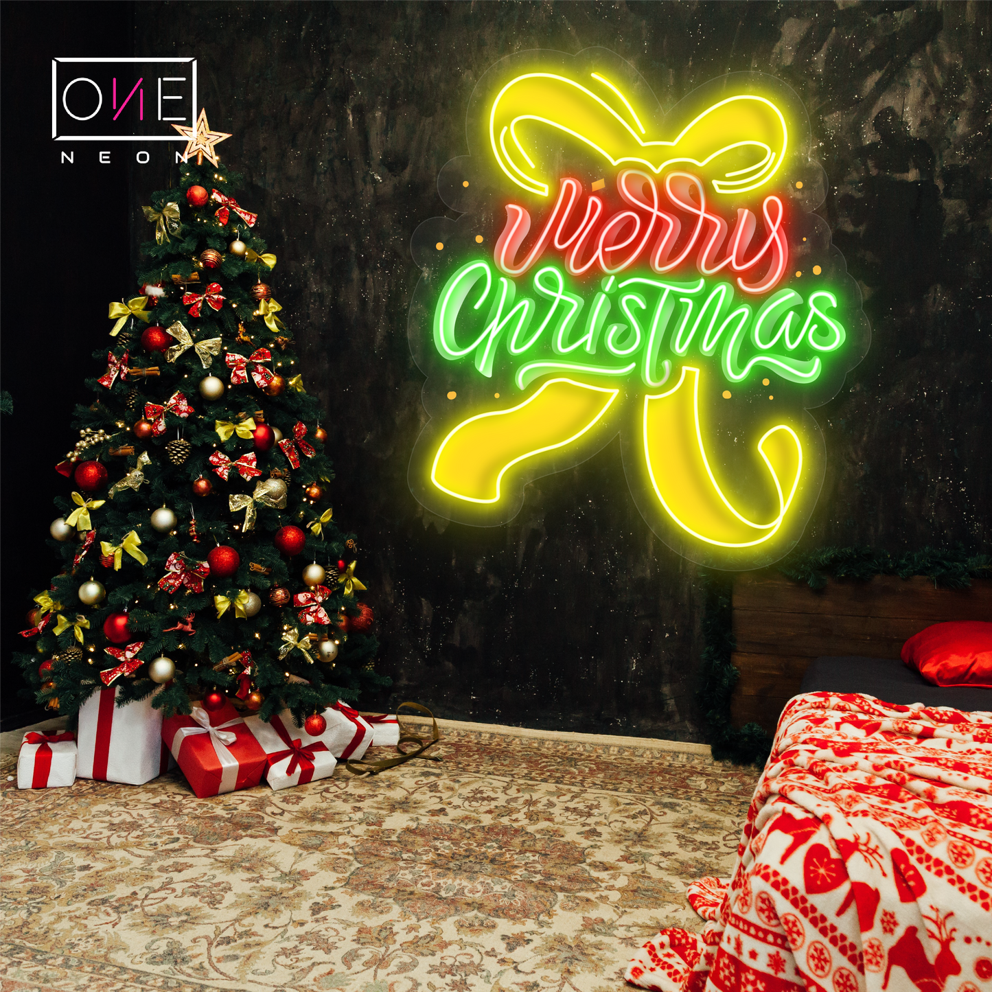 Panneau néon à LED avec illustration de ruban Joyeux Noël