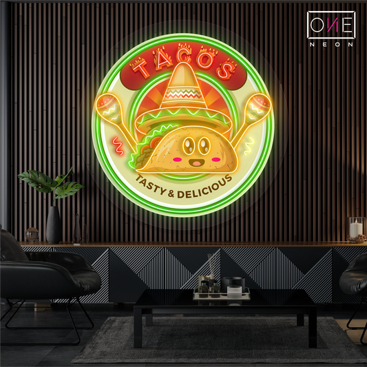 Panneau néon à LED avec illustration savoureuse et délicieuse de Tacos