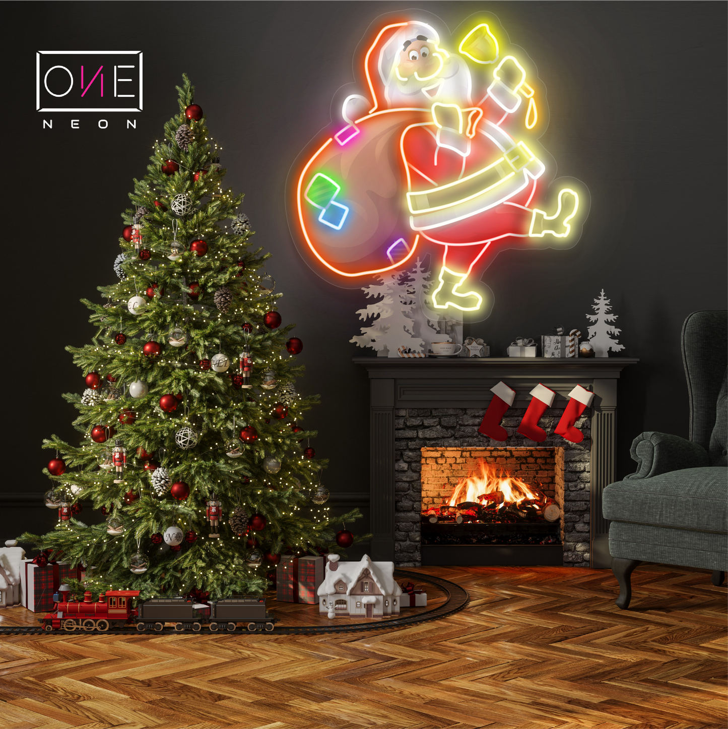 Panneau néon à LED représentant le joyeux voyage du Père Noël
