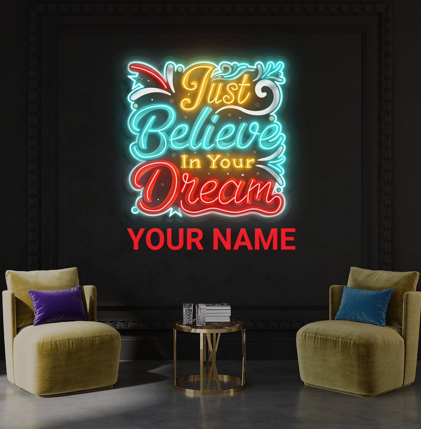 Panneau néon à LED avec illustration « Crois simplement en ton rêve »