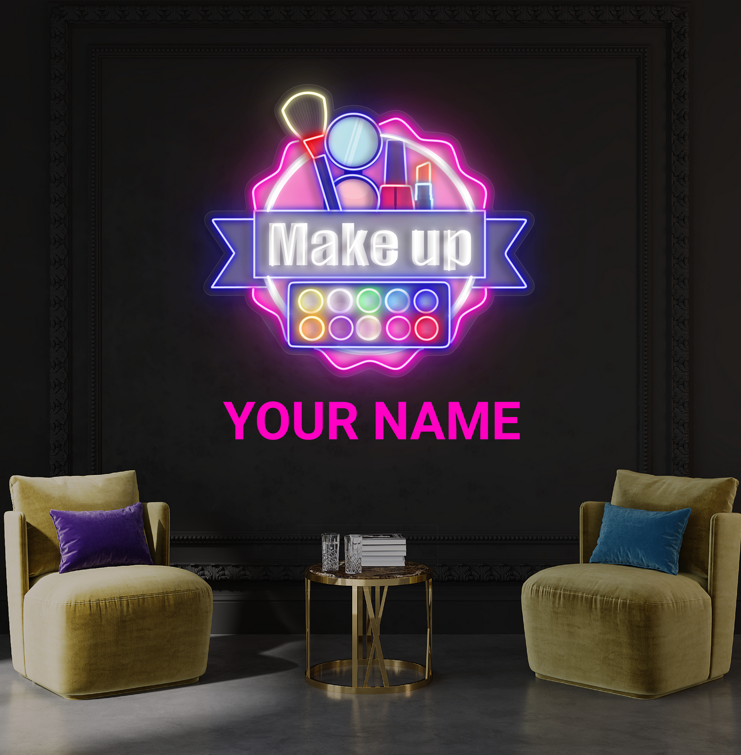 Enseigne au néon à LED avec illustration de palette de beauté
