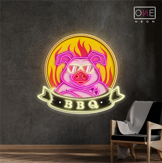 Enseigne au néon à LED avec illustration de barbecue Cool Pig