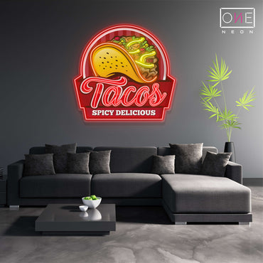 Panneau néon à LED avec illustration de Tacos épicés et délicieux