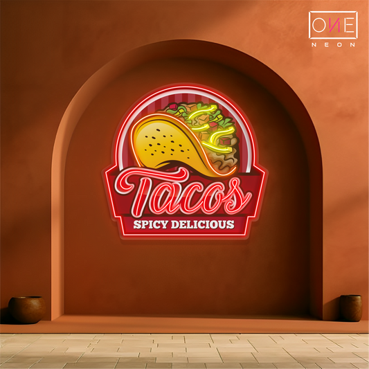 Panneau néon à LED avec illustration de Tacos épicés et délicieux
