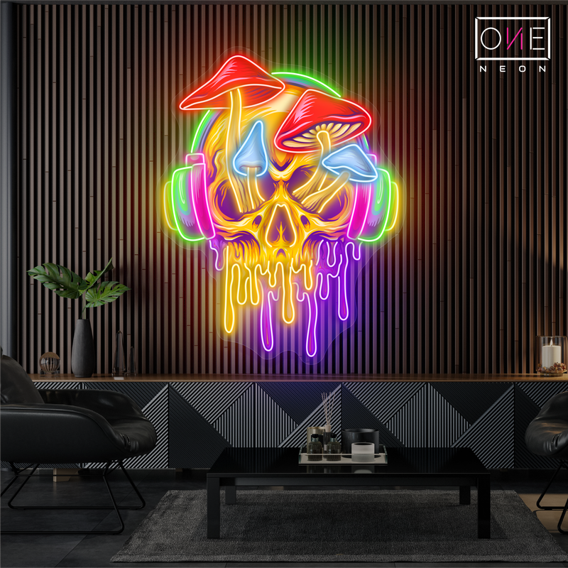 Panneau néon LED avec illustration de crâne psychédélique