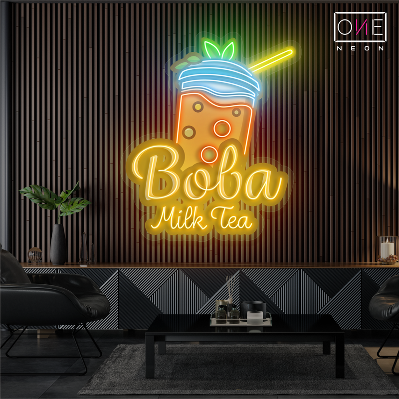 Enseigne au néon à LED avec illustration de thé au lait Boba