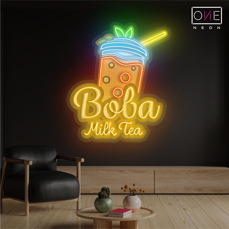 Enseigne au néon à LED avec illustration de thé au lait Boba