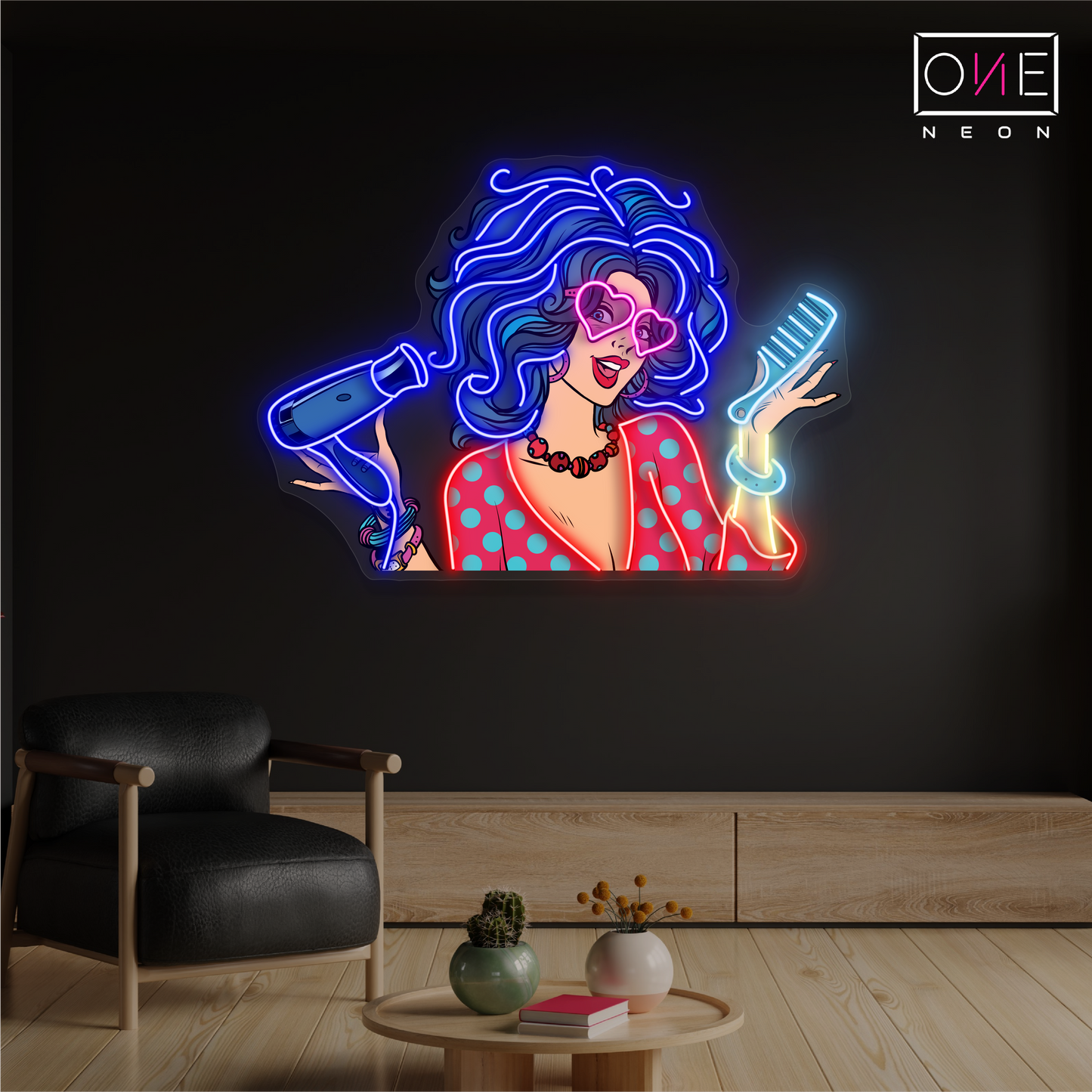 Enseigne au néon LED avec illustration de cheveux glamour rétro