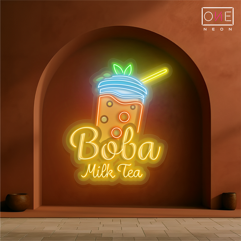 Enseigne au néon à LED avec illustration de thé au lait Boba