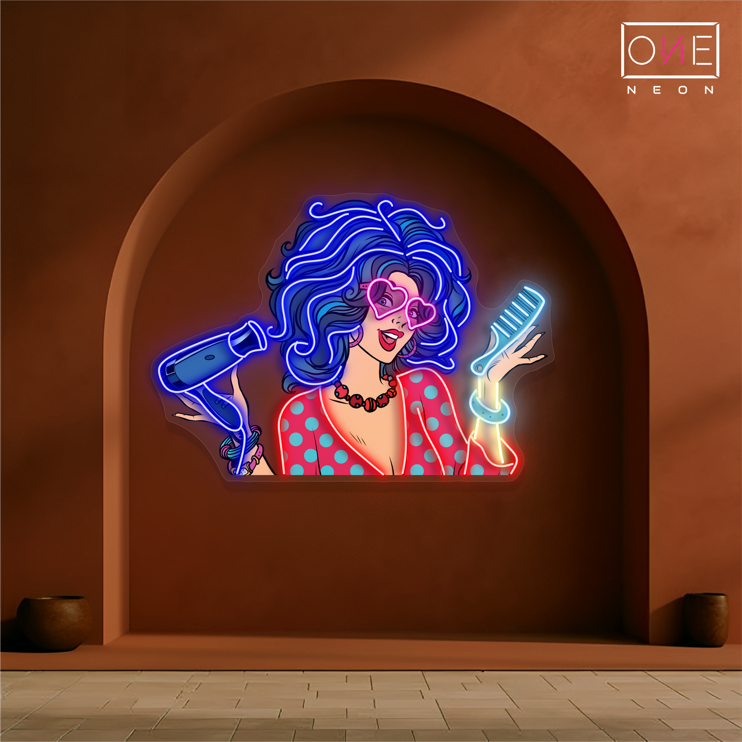Enseigne au néon LED avec illustration de cheveux glamour rétro