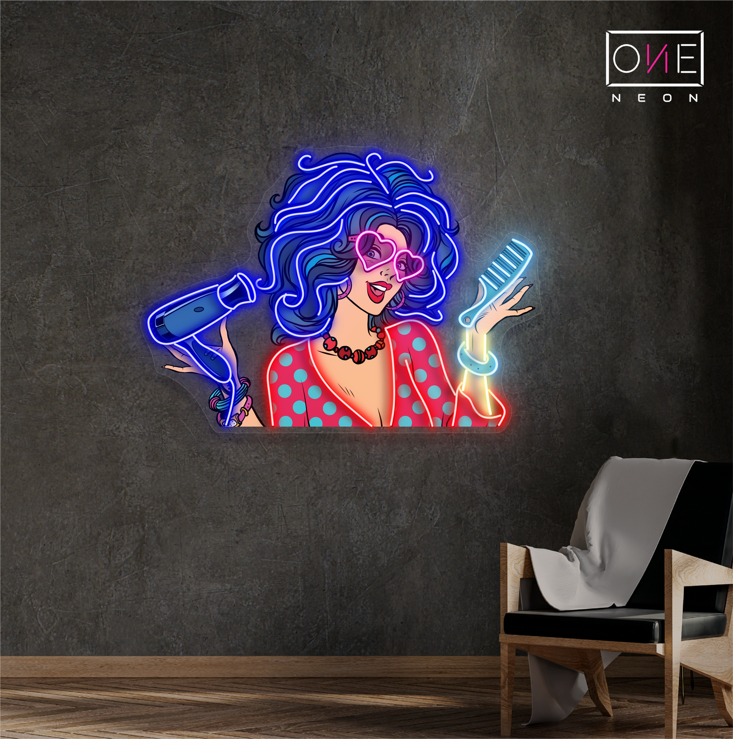 Enseigne au néon LED avec illustration de cheveux glamour rétro