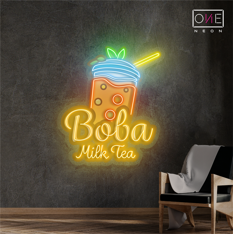 Enseigne au néon à LED avec illustration de thé au lait Boba