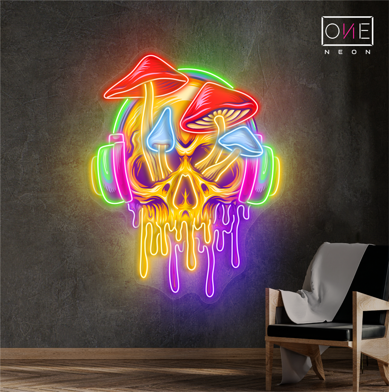 Panneau néon LED avec illustration de crâne psychédélique