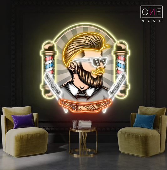 Enseigne au néon à LED avec illustration de barbier moderne