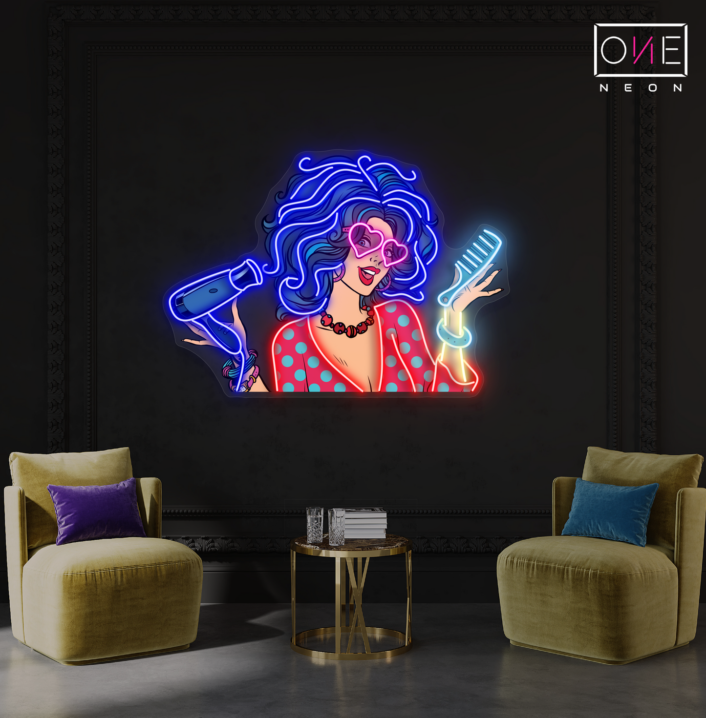 Enseigne au néon LED avec illustration de cheveux glamour rétro