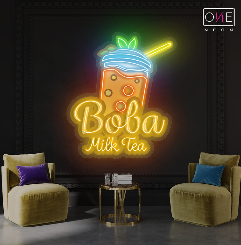 Enseigne au néon à LED avec illustration de thé au lait Boba