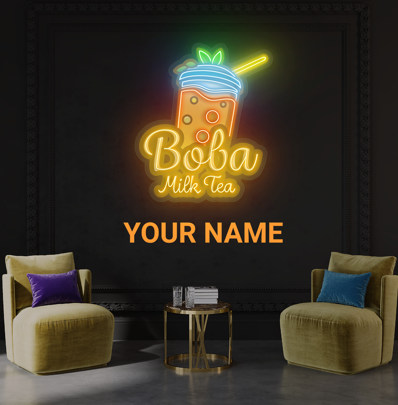 Enseigne au néon à LED avec illustration de thé au lait Boba