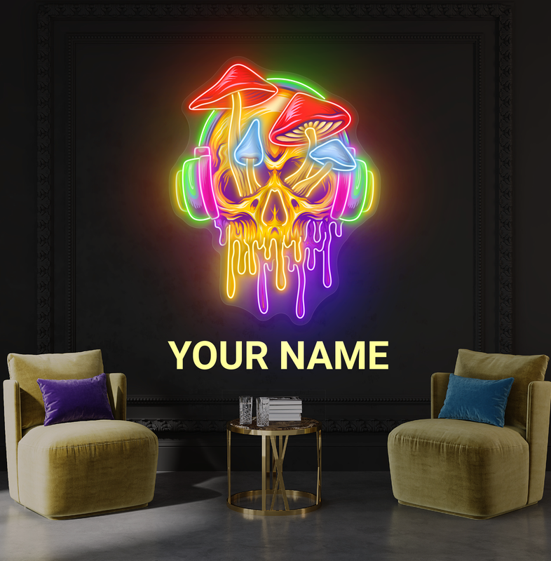 Panneau néon LED avec illustration de crâne psychédélique