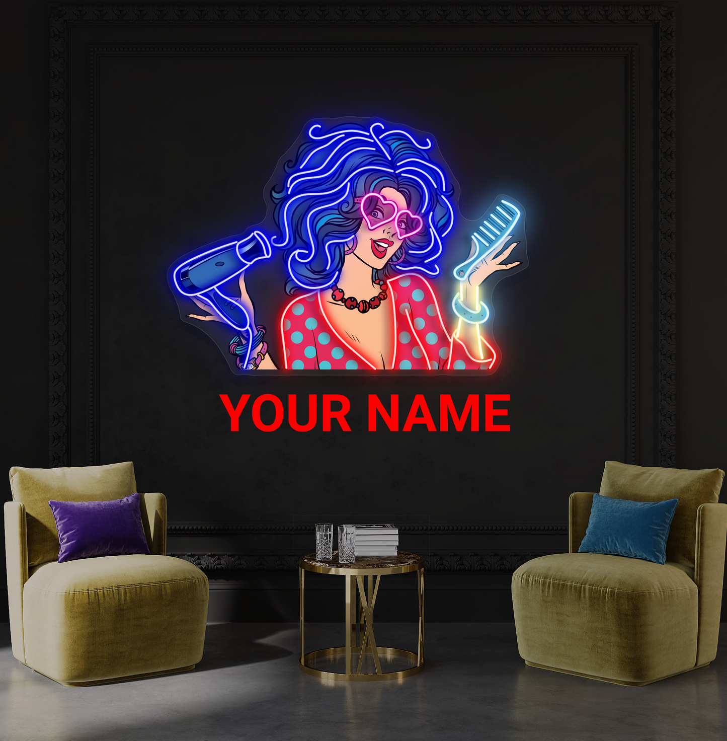 Enseigne au néon LED avec illustration de cheveux glamour rétro