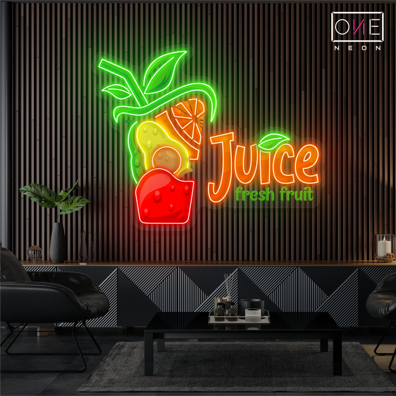Enseigne au néon à LED avec illustration de jus de fruits frais