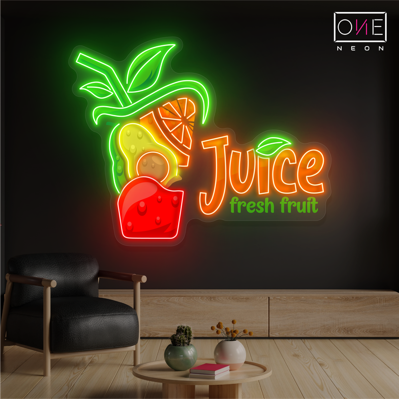 Enseigne au néon à LED avec illustration de jus de fruits frais