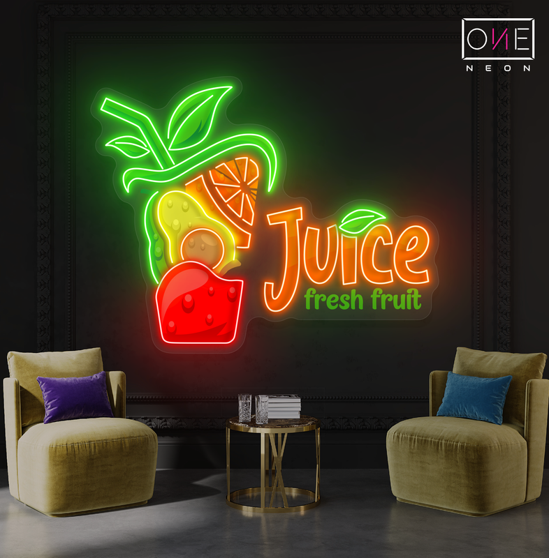 Enseigne au néon à LED avec illustration de jus de fruits frais