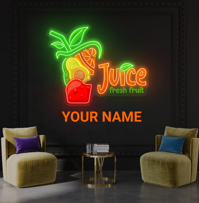 Enseigne au néon à LED avec illustration de jus de fruits frais