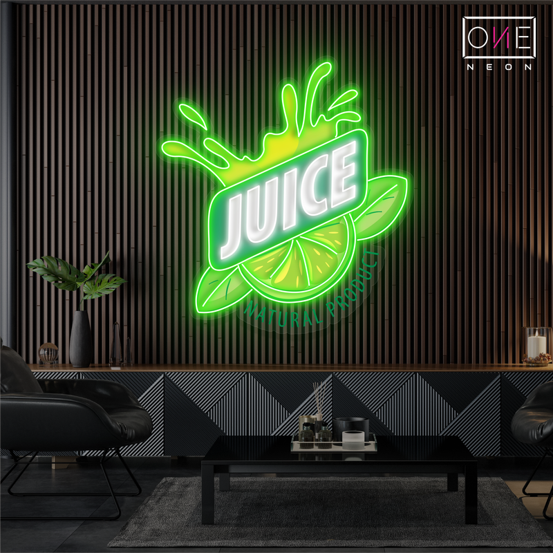Enseigne au néon à LED avec illustration de jus de citron