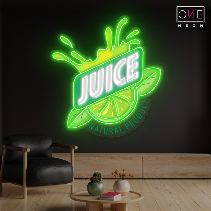 Enseigne au néon à LED avec illustration de jus de citron