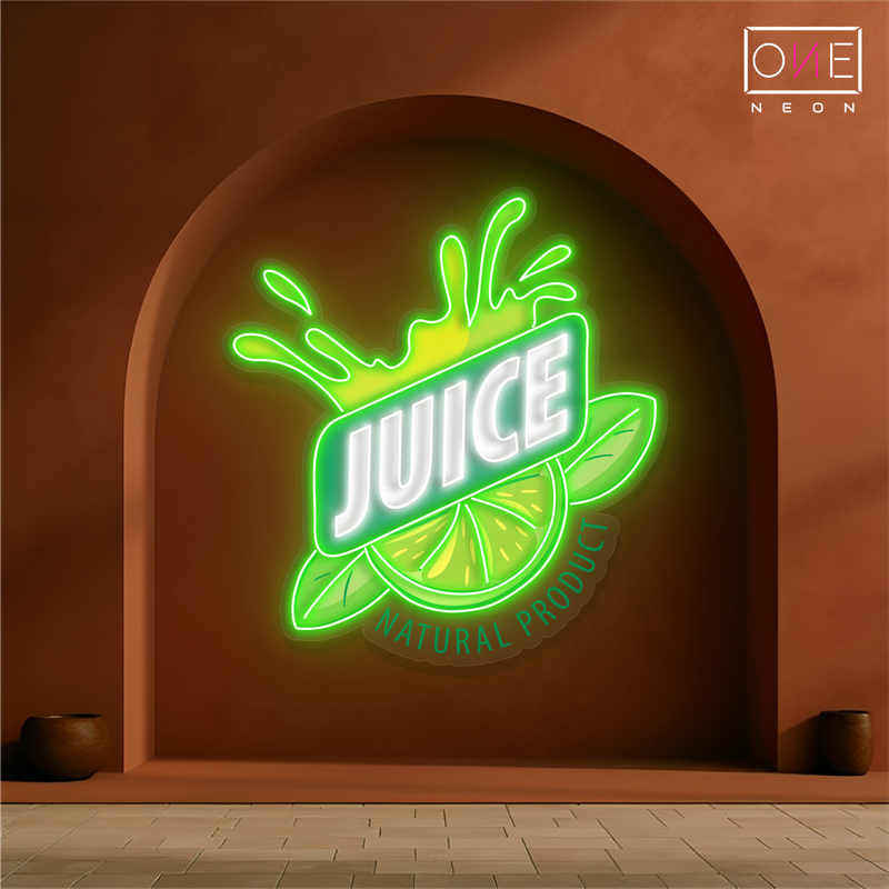 Enseigne au néon à LED avec illustration de jus de citron