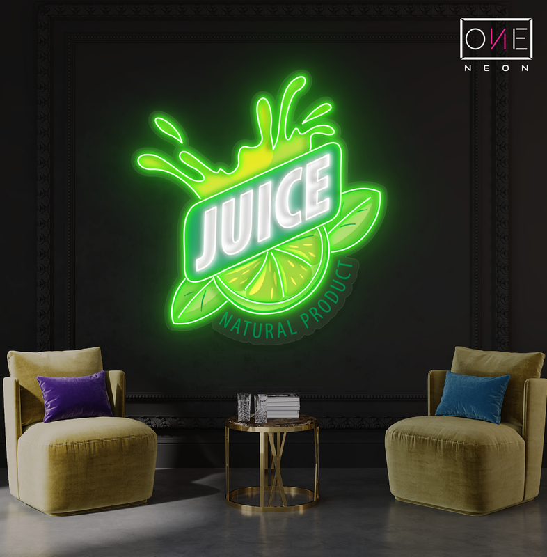 Enseigne au néon à LED avec illustration de jus de citron
