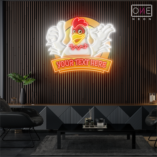 Enseigne au néon LED personnalisée avec illustration de poulet souriant