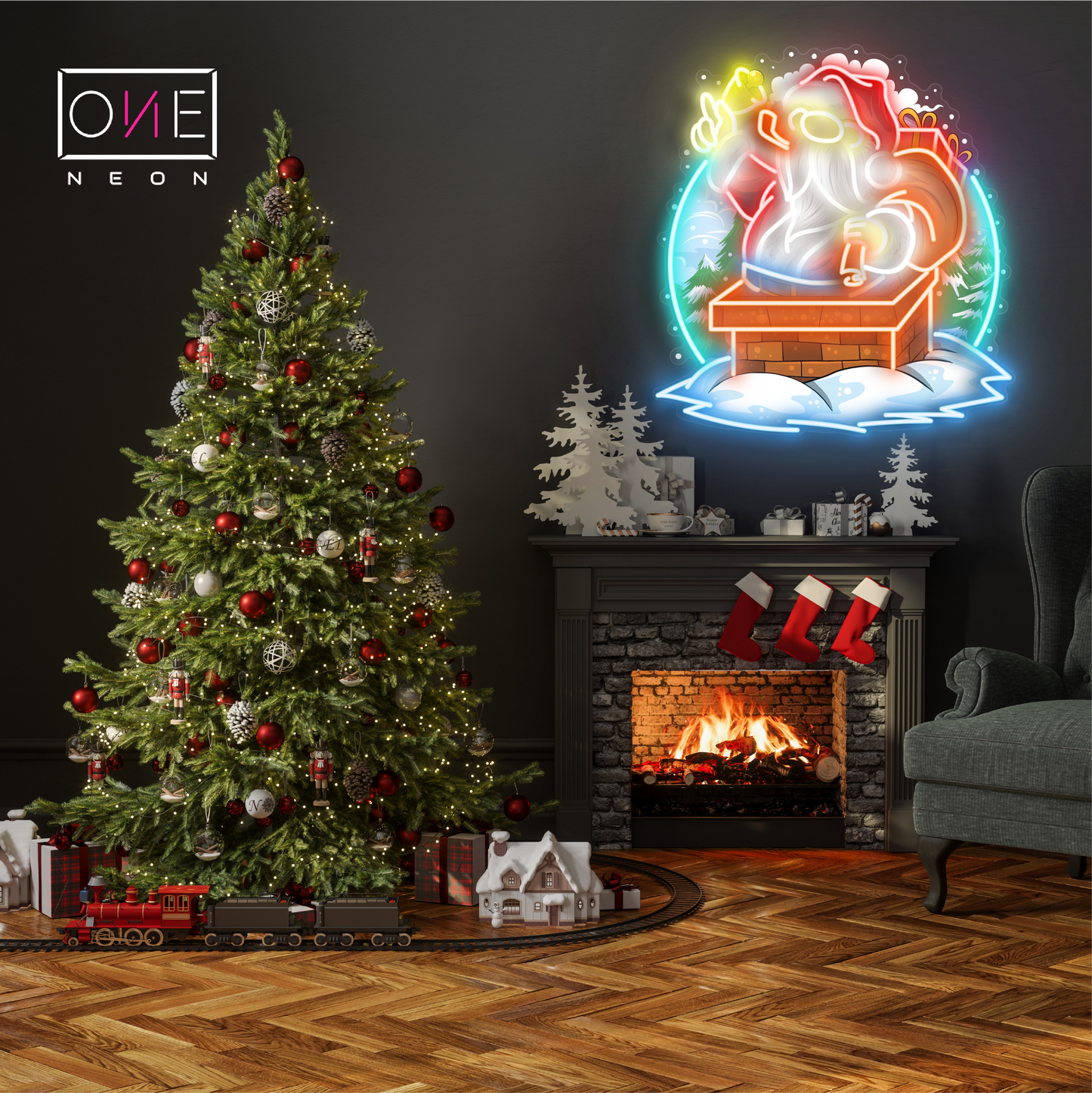 Panneau néon à LED avec illustration du Père Noël dans une cheminée