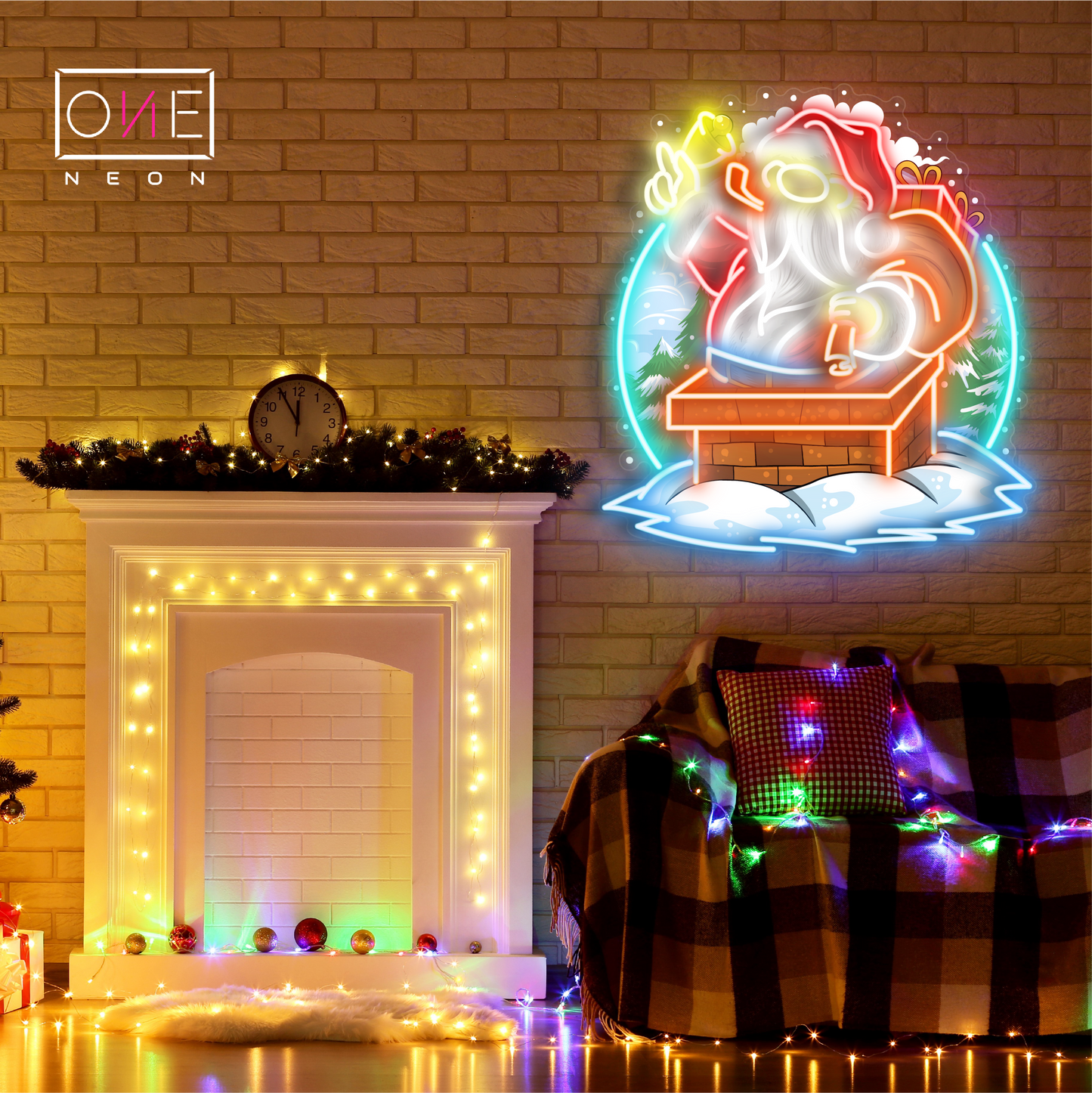 Panneau néon à LED avec illustration du Père Noël dans une cheminée