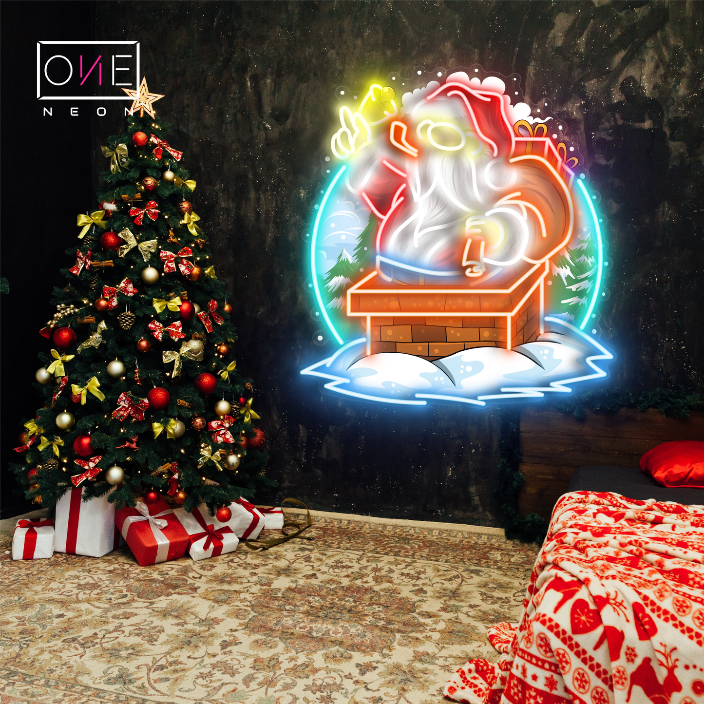 Panneau néon à LED avec illustration du Père Noël dans une cheminée