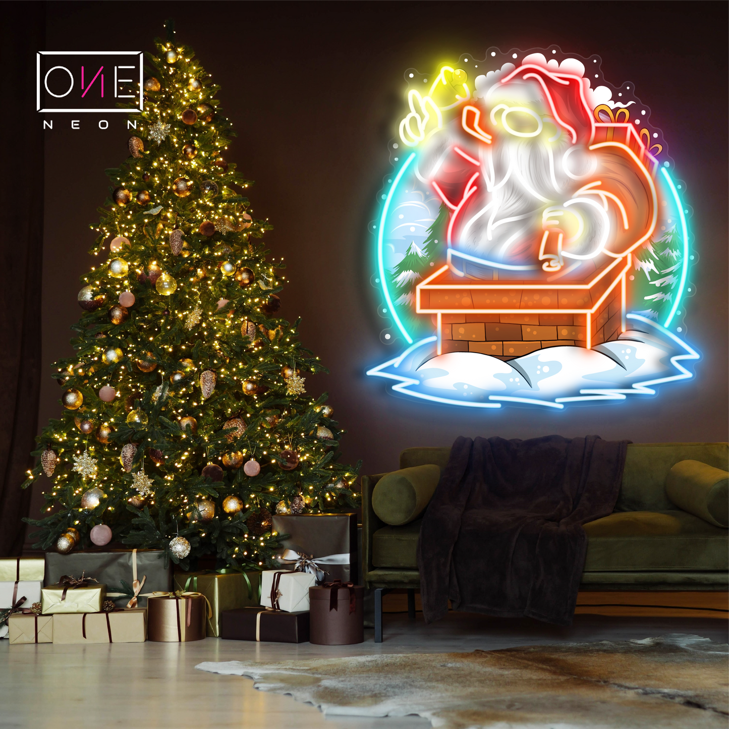Panneau néon à LED avec illustration du Père Noël dans une cheminée