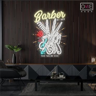 Enseigne au néon à LED avec illustration de coupe de barbier classique