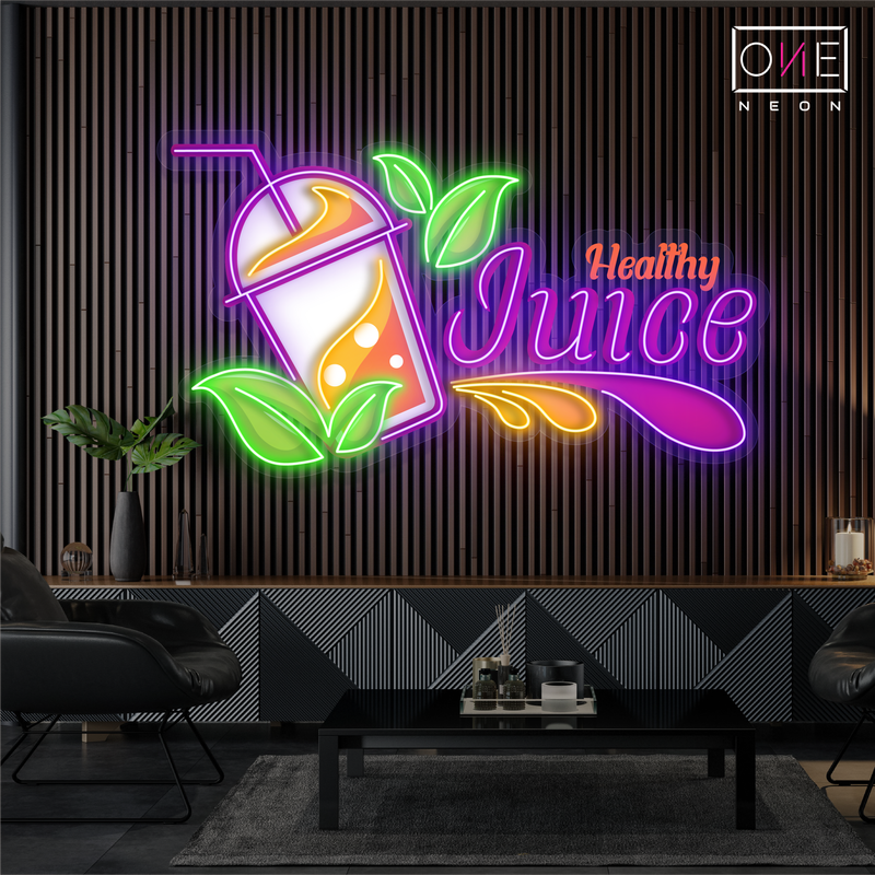 Enseigne au néon à LED avec illustration de jus sain