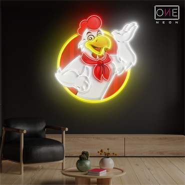 Panneau néon à LED avec illustration de poulet heureux