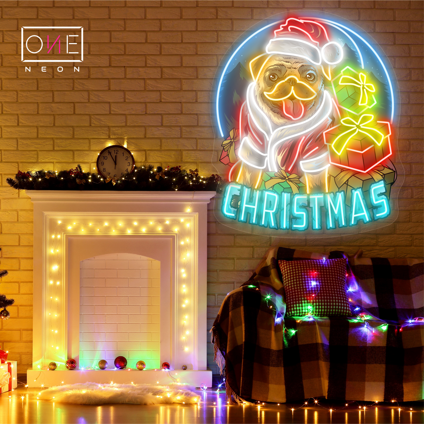 Panneau néon à LED avec illustration de Noël Pug