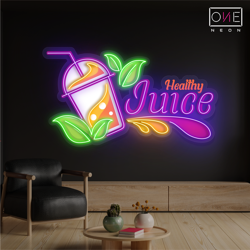 Enseigne au néon à LED avec illustration de jus sain