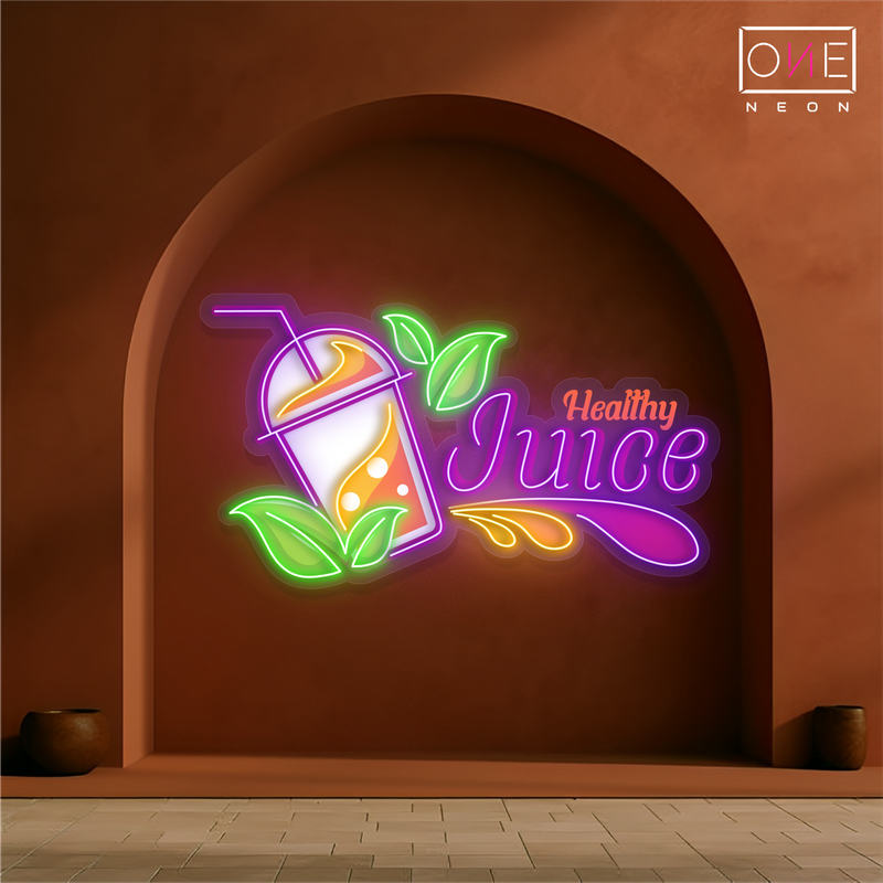 Enseigne au néon à LED avec illustration de jus sain