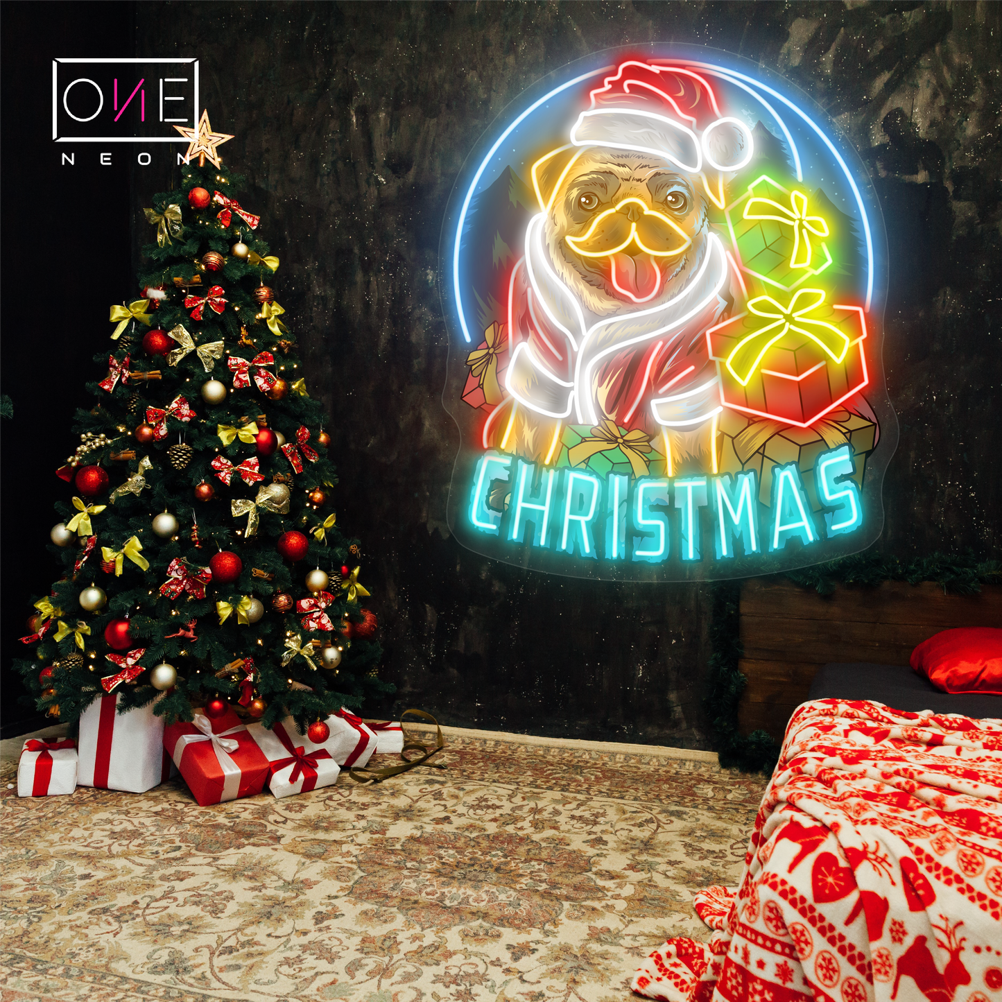 Panneau néon à LED avec illustration de Noël Pug