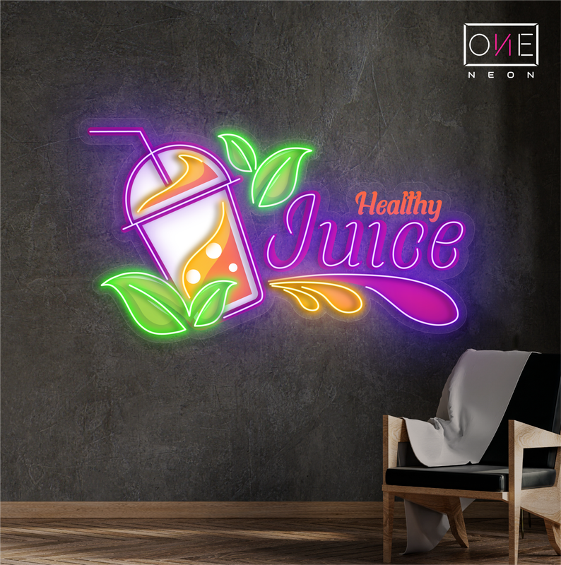 Enseigne au néon à LED avec illustration de jus sain