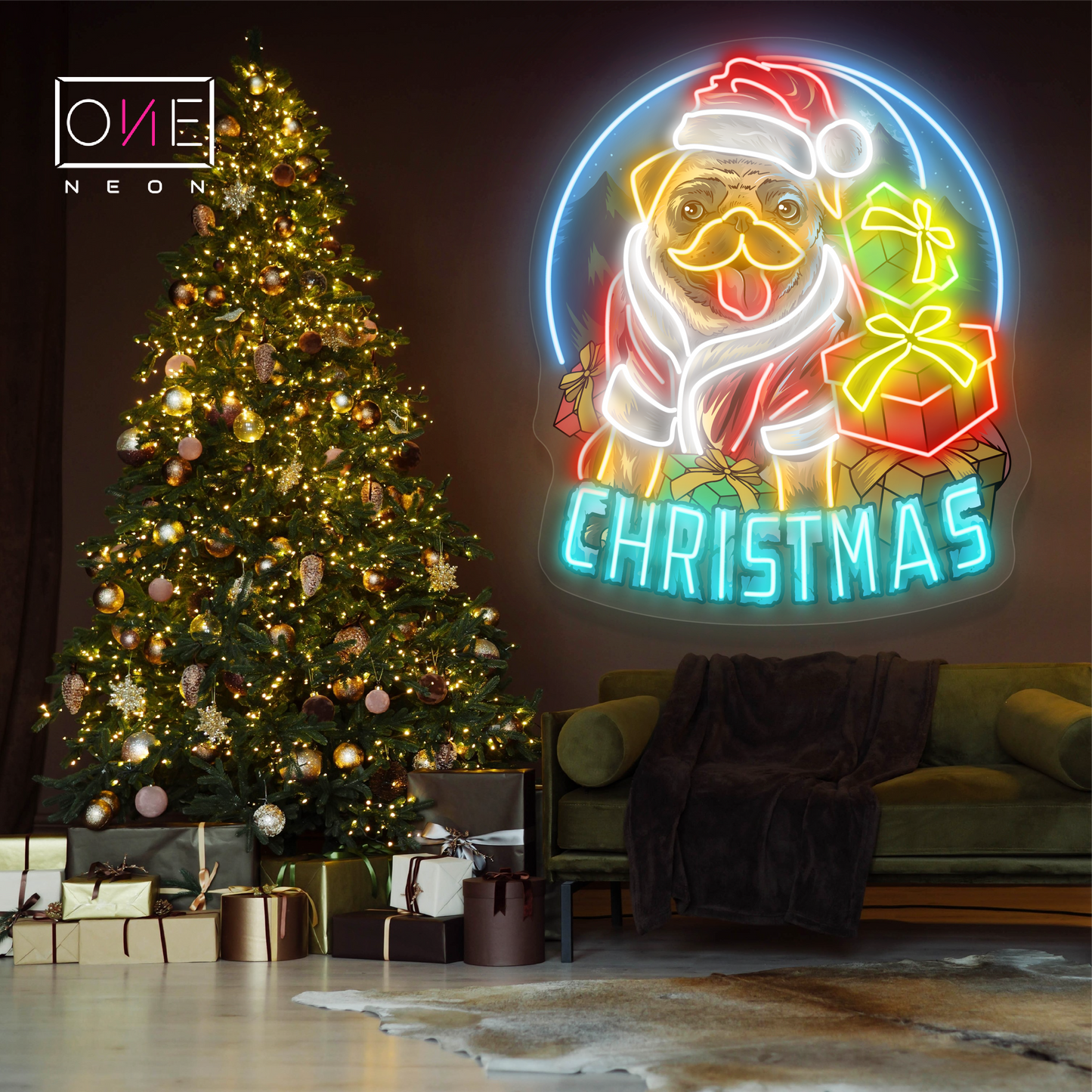 Panneau néon à LED avec illustration de Noël Pug